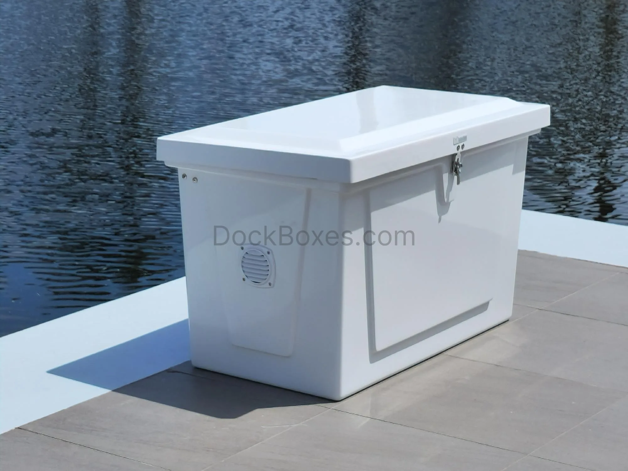Model 323 fiberglass dock box installed on dock