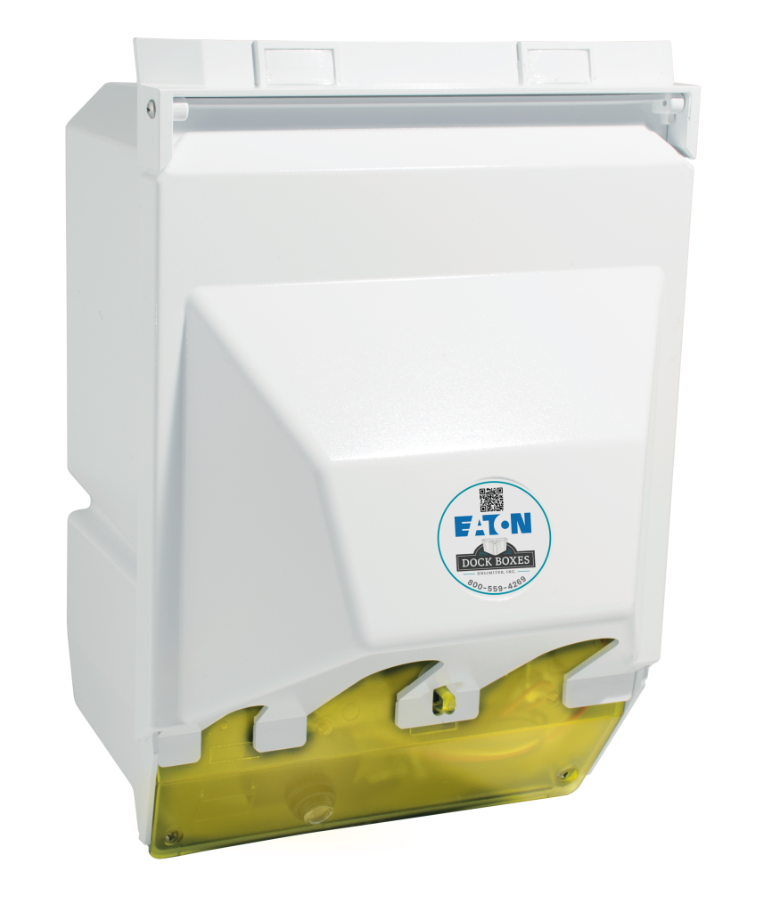 White wall-mounted dock box dispenser with a yellow dispensing tray at the bottom and an Eaton Dock Boxes label.