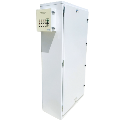 White industrial electrical cabinet with a left-side control panel showing labeled LEDs, a green power button, and a lockable door