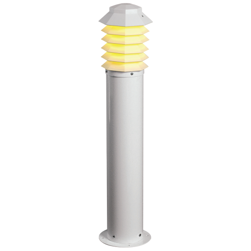 White outdoor bollard light with a segmented lantern emitting warm yellow light.
