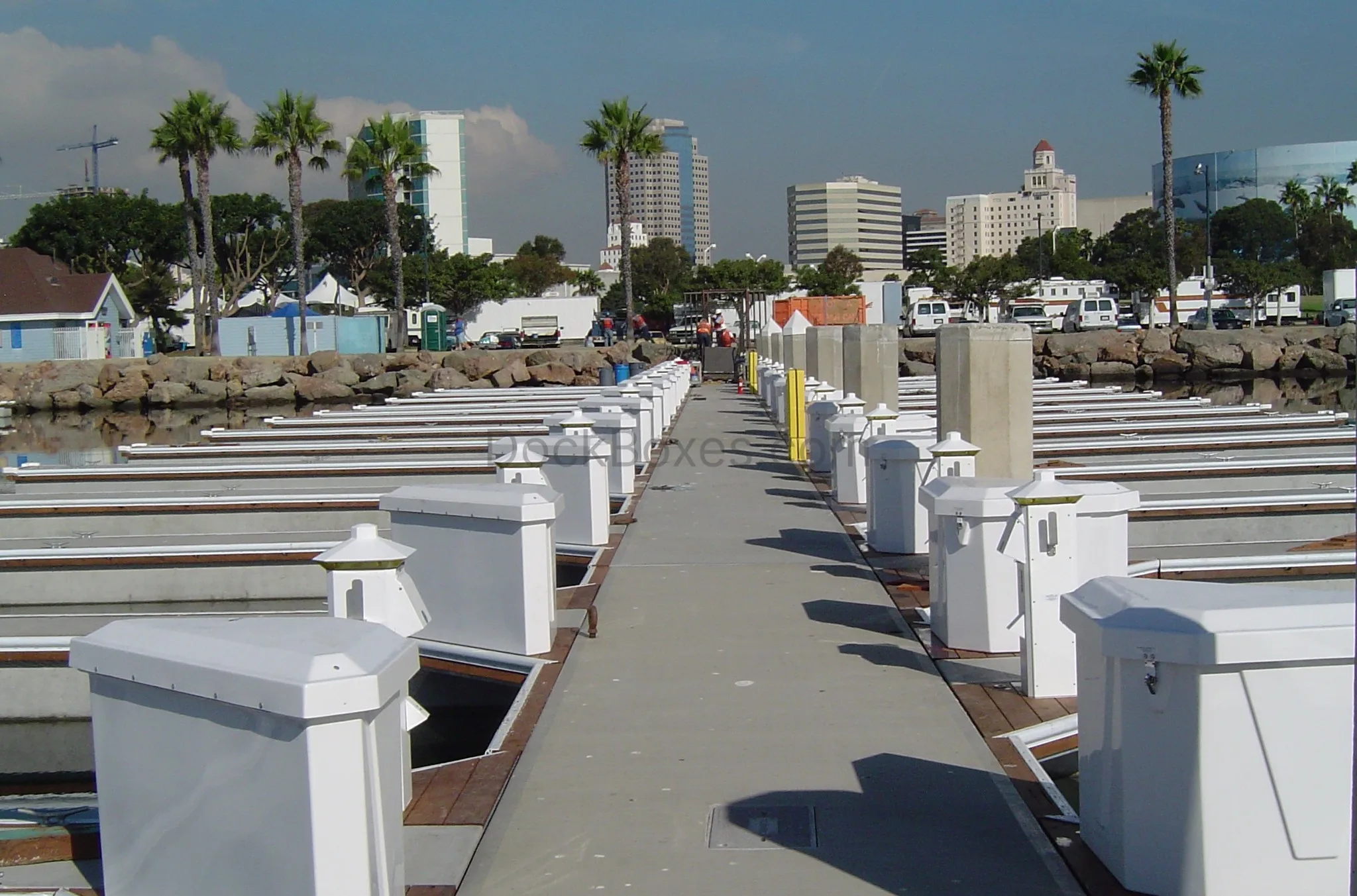 City of Long Beach Marina next to the Queen Mary ship with model 432 dock boxes installed showing uniformity on the dock
