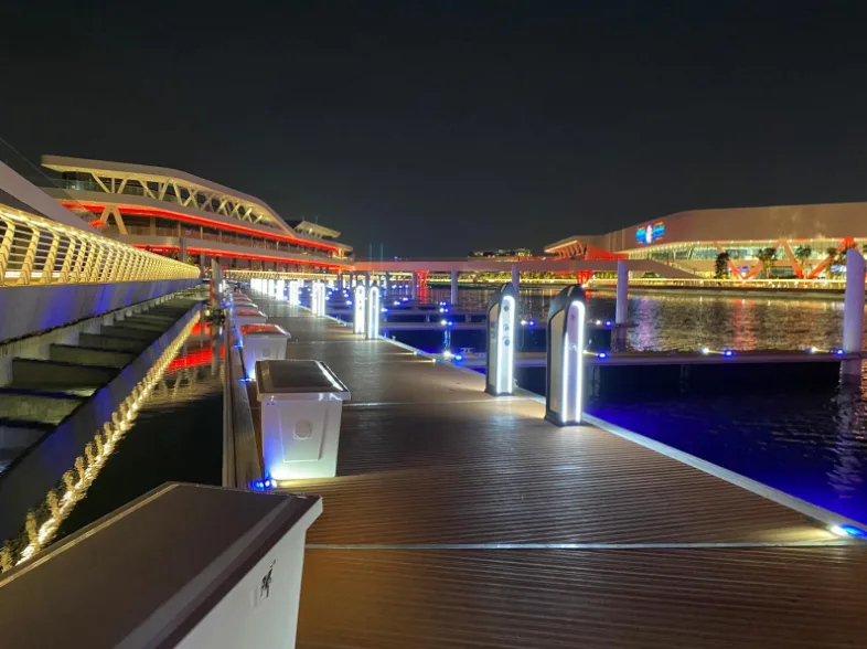 Dubai marina at night time with model 700 dock boxes installed