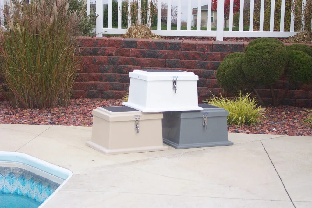 Models 100SD fiberglass dock steps with locking lid and storage have optional colors white, gray and tan to match most applications