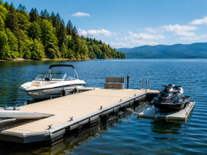 Wooden lake dock with a white speedboat and a jet ski tied up, calm water and forested shoreline under a blue sky.