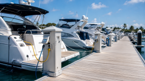 Row of white motor yachts docked along a wooden marina pier on a sunny day, with charging stations and blue water nearby