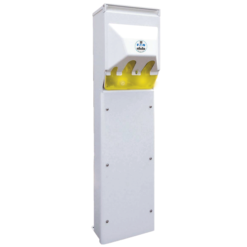 Tall white industrial cabinet with a yellow translucent front panel and three curved openings (safety blade area).