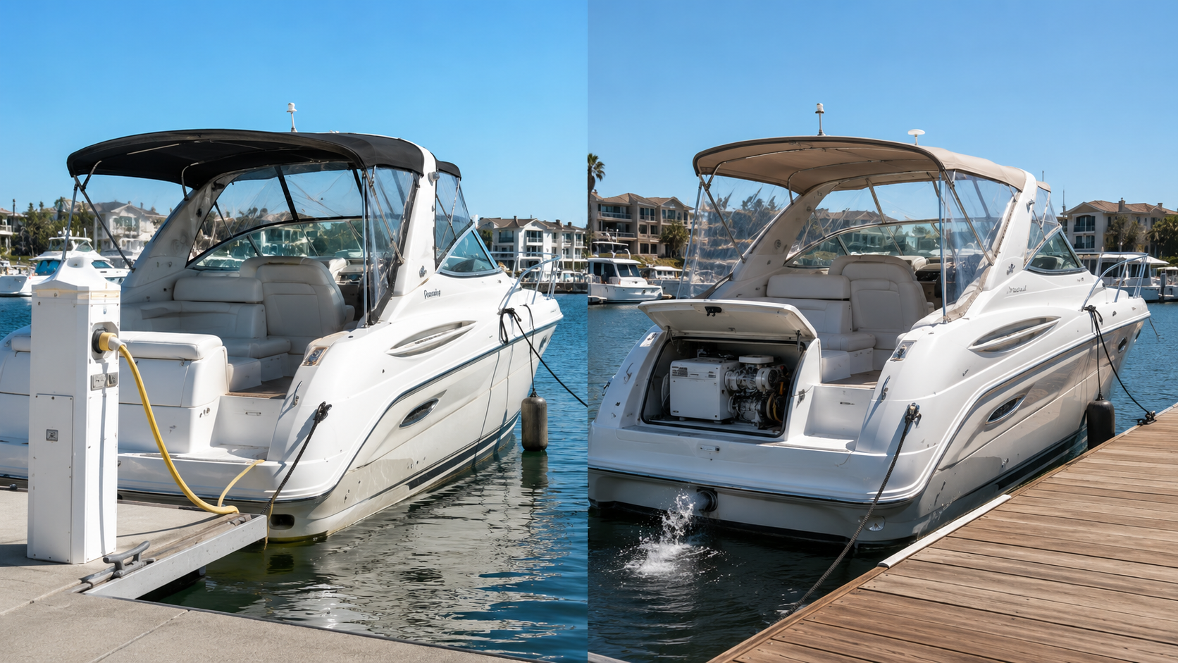 Split-image of a white luxury motor yacht docked at a marina; left side shows cockpit with beige seating and a black canopy, right side shows the rear with the engine compartment open and water nearby.