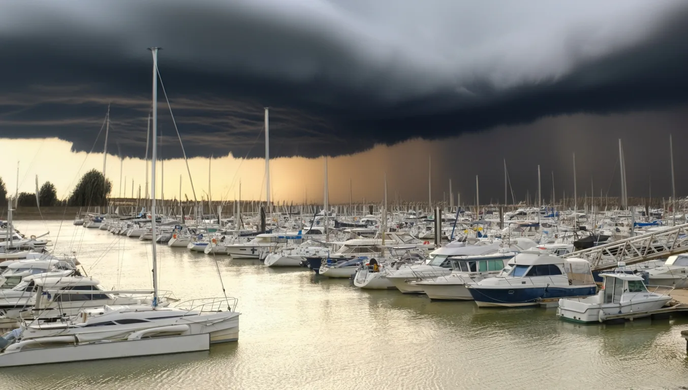 hurricane clouds forming over marina with boats