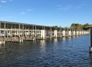 Wide angle view of a large, organized marina dock.