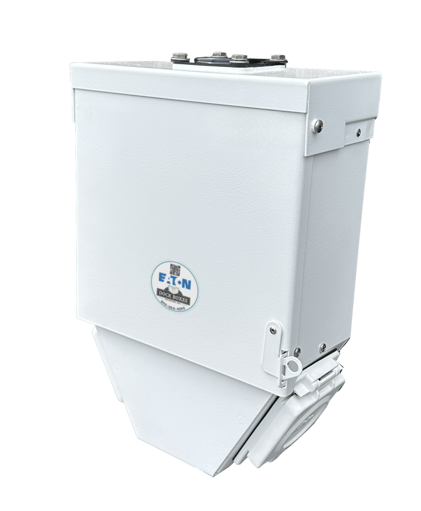 White outdoor electrical enclosure (dock box) with hinged lid and latch, branded Eaton Dock Boxes