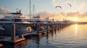 A luxury marina with floating docks the sun setting in the background.