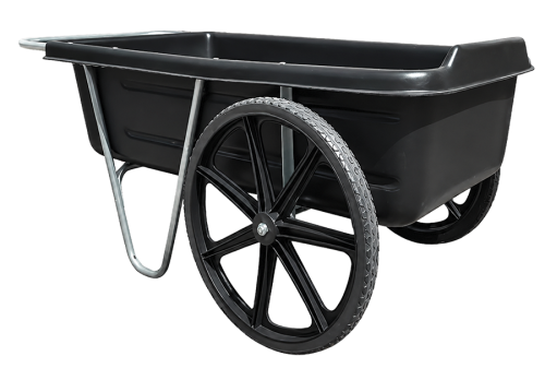 Black wheelbarrow with a large front wheel, metal frame, and a deep black tub on a white background