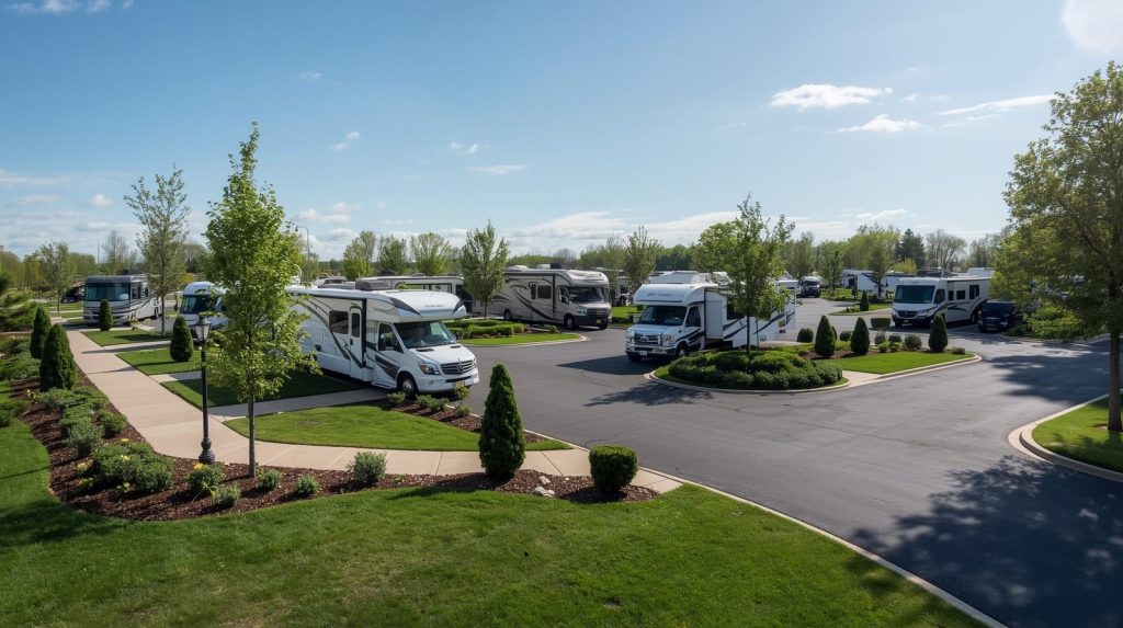 A high-end RV park with upscale RVs parked by trees and green grass on a sunny day.