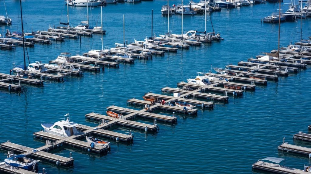 Wide aerial view of a marina with a long strip of floating docks and luxury boats.