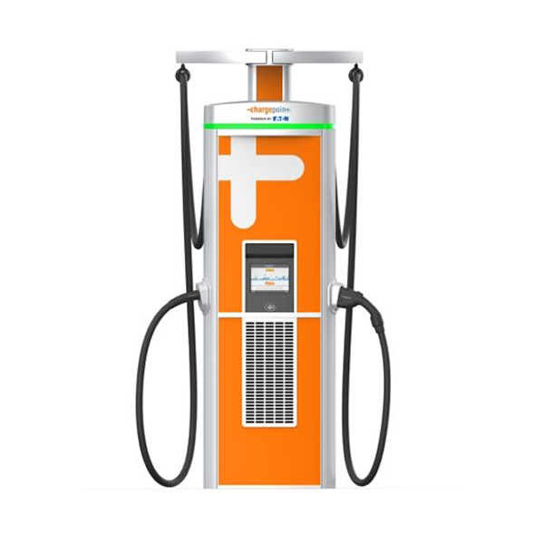 Orange and white ChargePoint electric vehicle charging station with two charging cables and a display screen, shown from the front.