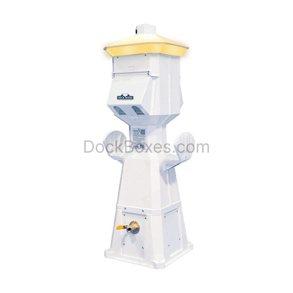 White, post-mounted vending or utility machine with a yellow roof and two wing-like arms on the sides