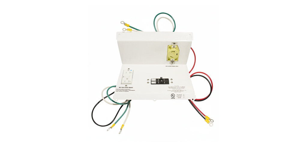 White electrical distribution unit with multiple power cords and outlets protruding from it (generator transfer switch style).