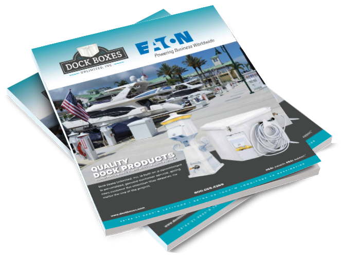 Stacked marketing brochure showing Eaton Dock Boxes cover with boats at a marina on the front page.