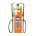 Orange gas pump with digital display and two fueling hoses on either side.
