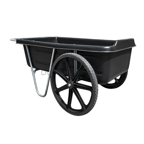Black wheelbarrow with a large front wheel and metal frame, used for carrying dirt and tools in gardening.