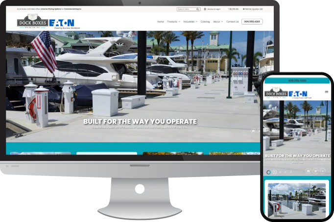 Marina scene with yachts and dock boxes on a website hero banner for Dock Boxes by Eaton, featuring the slogan 'Built for the way you operate'.