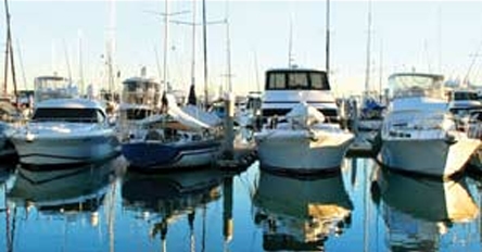 Several motorboats docked at a sunny marina, their reflections shimmering in calm blue water.