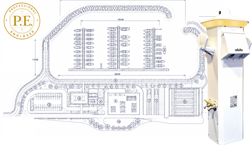 Technical site plan of a marina with boat slips, parking areas, and landscaped perimeter; P.E. Professional Engineer logo visible on the left and a large white industrial unit on the right.