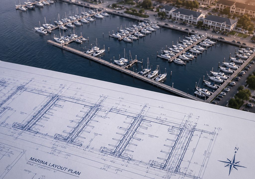 Aerial view of a marina with rows of boats and docks, with an architectural blueprint in the foreground.