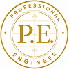 Gold circular seal with 'P.E.' initials at center and 'Professional Engineer' around the border, in a gold ring design.