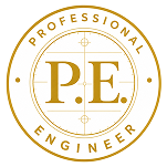 Gold circular badge with 'P.E.' in the center and 'Professional Engineer' around the edge, indicating a professional engineering credential.