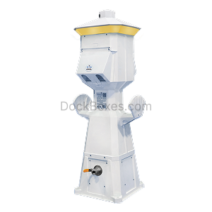 Vertical white industrial processing unit with a yellow top and side handles, used for material handling or processing in a factory setting.