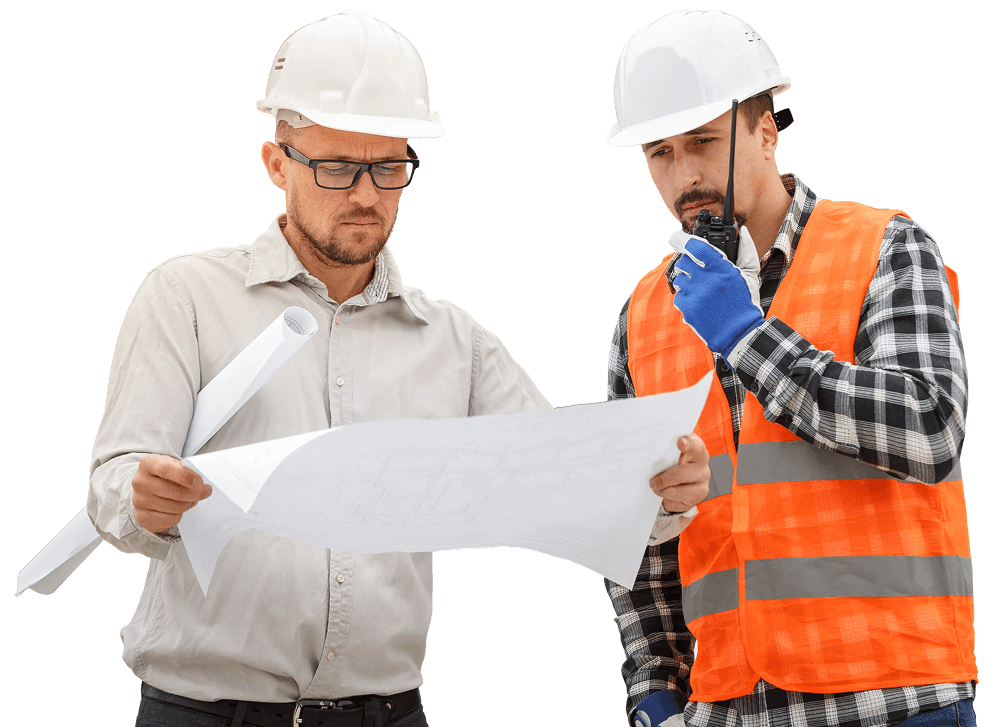 Two construction workers review blueprints, one in a white hard hat and the other in an orange safety vest with a walkie-talkie nearby